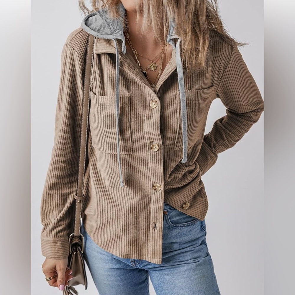Corduroy Jacket Shacket With Hood Drawstring Tan Gray Button Down Small